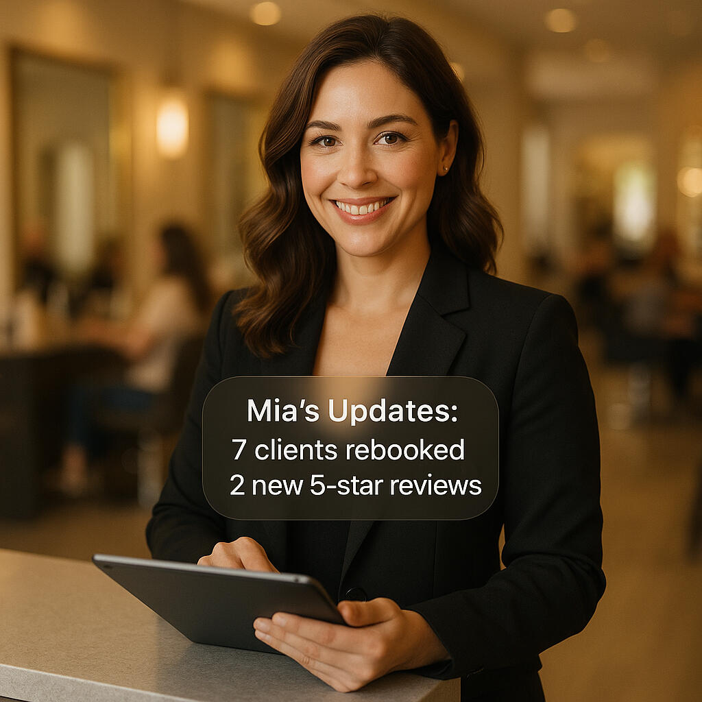 Meet Mia – The AI Salon Assistant That Keeps Clients Coming Back | Client Loop Three women in a minimalist luxury cafe smiling as one shows her freshly manicured French nails while reading an AI follow-up message from Mia, the salon assistant by Client Loop.